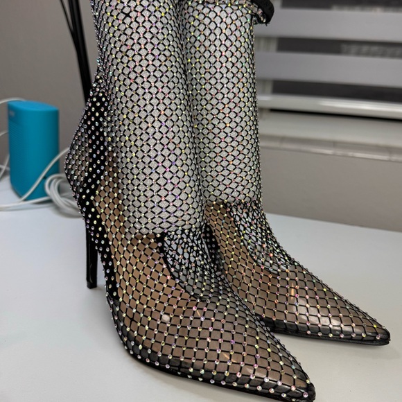 Women Sparkling Rhinestone Multicolor Diamond Detail Stiletto Ankle Sock Boots - Picture 3 of 9